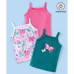 Babyhug 100% Cotton Knit Singlet Antibacterial Slips Floral Print Pack of 3 - Pink White & Teal