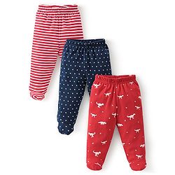 Babyhug Cotton Knit Footed Bootie Leggings Dino Printed Pack of 3 - Red & Navy Blue