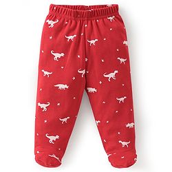 Babyhug Cotton Knit Footed Bootie Leggings Dino Printed Pack of 3 - Red & Navy Blue