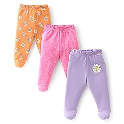 Babyhug Interlock Booties Pant With Floral Print Pack Of 3 - Orange Pink & Purple