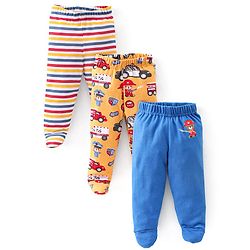 Babyhug Interlock Booties Pant Striped & Car Print Pack of 3 - Yellow & Blue