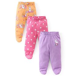 Babyhug Interlock Booties Pant Striped & Bunny Print Pack of 3 - Pink & Yellow