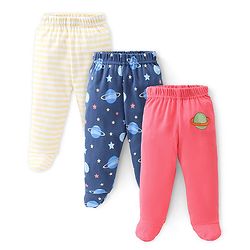 Babyhug Cotton Knit Solid Colour & Planets Printed Bootie Pants Pack of 3 - Multicolour