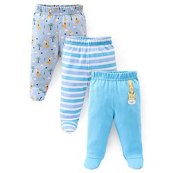 Babyhug Cotton Knit Striped & Giraffe Printed Bootie Pants Pack of 3 - Blue