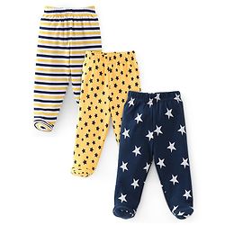Babyhug Cotton Knit Striped & Stars Printed Bootie Leggings Pack of 3 - Blue & Yellow