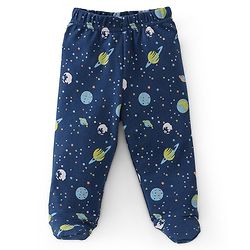 Babyhug Cotton Knit Interlock Booties Pant Striped & Astronaut Print Pack of 3 - Yellow & Blue