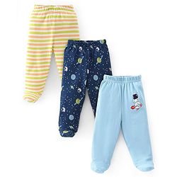 Babyhug Cotton Knit Interlock Booties Pant Striped & Astronaut Print Pack of 3 - Yellow & Blue