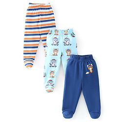 Babyhug Cotton Knit Interlock Booties Pant Striped & Raccoon Print Pack of 3 - Multicolour