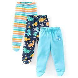 Babyhug Cotton Interlock Knit Full Length Bootie Pants Dino Print Pack of 3 - Blue