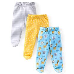 Babyhug Cotton Knit Striped & Jungle Printed Bootie Pants Pack of 3 - Multicolour