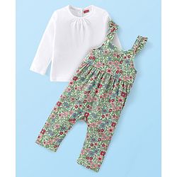 Babyhug Cotton Jerssey Knit Dungaree with Full Sleeves Inner Tee Floral Print - Off White