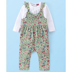 Babyhug Cotton Jerssey Knit Dungaree with Full Sleeves Inner Tee Floral Print - Off White