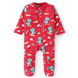 Babyhug Cotton Knit Full Sleeves Dino Printed Footed Sleep Suit - Red