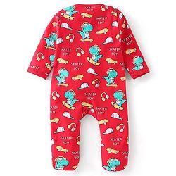 Babyhug Cotton Knit Full Sleeves Dino Printed Footed Sleep Suit - Red