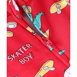 Babyhug Cotton Knit Full Sleeves Dino Printed Footed Sleep Suit - Red