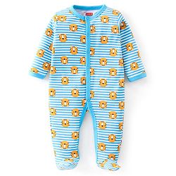Babyhug Cotton Knit Full Sleeves Footed Sleep Suit Tiger Print & Striped - Blue