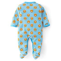 Babyhug Cotton Knit Full Sleeves Footed Sleep Suit Tiger Print & Striped - Blue