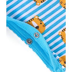 Babyhug Cotton Knit Full Sleeves Footed Sleep Suit Tiger Print & Striped - Blue