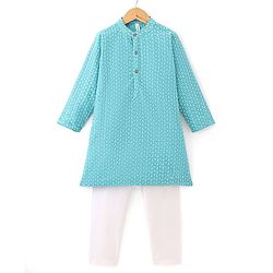Babyhug Full Sleeve Schiffly Embroidered Kurta With Pyjama Set - Aqua Blue