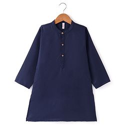 Babyhug Full Sleeves Solid Kurta Pyjama Set with Printed Jacket  - Navy Blue