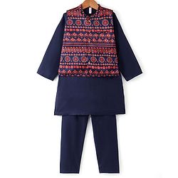 Babyhug Full Sleeves Solid Kurta Pyjama Set with Printed Jacket  - Navy Blue