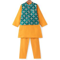 Babyhug Full Sleeves Solid Kurta & Pyjama Set With Printed Jacket - Mustard