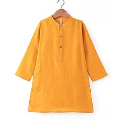Babyhug Full Sleeves Solid Kurta & Pyjama Set With Printed Jacket - Mustard