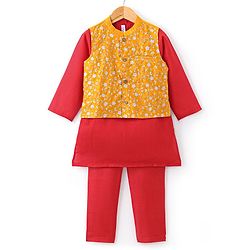 Babyhug Woven Full Sleeves Kurta & Pyjama Set with Embroidered Jacket - Maroon