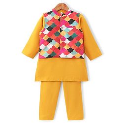 Babyhug Full Sleeves Solid Kurta & Pyjama Set With Printed Jacket - Mustard