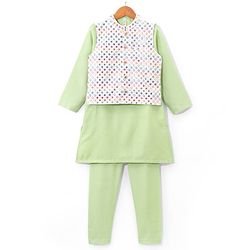 Babyhug Woven Full Sleeves Solid Kurta Pyjama Set with Mirror Embroidered Jacket - Green & White