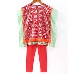 Babyhug Sleeveless All Over Printed Kaftan Kurta With Legging Set-Coral