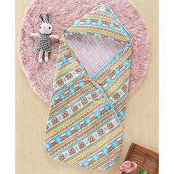 Babyhug Cotton Interlock Bear Printed Towel with Hood L 76 x B 76 cm - Blue Yellow & Orange
