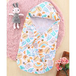Babyhug Cotton Interlock Knit Towel with Hood Animal Print L 76 x B 76 cm - Yellow White & Blue