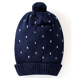 Babyhug Knitted Woolen Cap with Pom Pom Applique - Navy Blue
