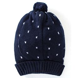 Babyhug Knitted Woolen Cap with Pom Pom Applique - Navy Blue