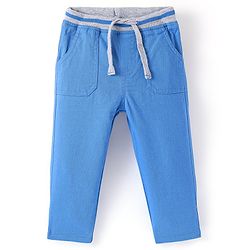Babyhug Cotton Stretch Woven Full Length with Rib Trouser Solid Colour- Blue