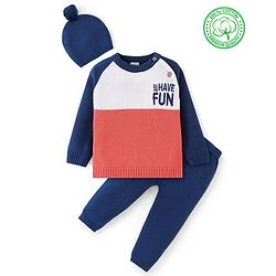 Babyhug Full Sleeves Sweater Set with Cap Colour Block & Text Design - Multicolour