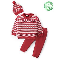 Babyhug Cotton Knit Full Sleeves Sweater Set With Cap - Red