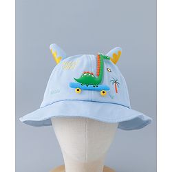 Babyhug Cotton Bucket Hat with Dinosaur Applique Blue - Diameter 16 cm