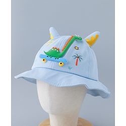 Babyhug Cotton Bucket Hat with Dinosaur Applique Blue - Diameter 16 cm