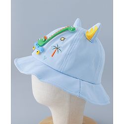Babyhug Cotton Bucket Hat with Dinosaur Applique Blue - Diameter 16 cm