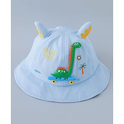 Babyhug Cotton Bucket Hat with Dinosaur Applique Blue - Diameter 16 cm
