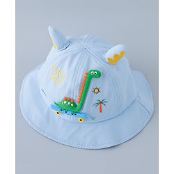 Babyhug Cotton Bucket Hat with Dinosaur Applique Blue - Diameter 16 cm