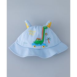 Babyhug Cotton Bucket Hat with Dinosaur Applique Blue - Diameter 16 cm