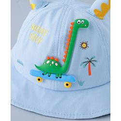 Babyhug Cotton Bucket Hat with Dinosaur Applique Blue - Diameter 16 cm