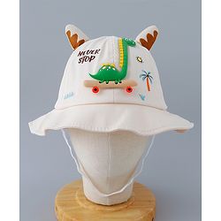 Babyhug Cotton Bucket Hat with Dinosaur Applique Cream - Diameter 16 cm
