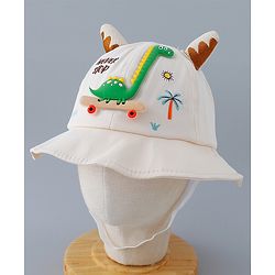 Babyhug Cotton Bucket Hat with Dinosaur Applique Cream - Diameter 16 cm