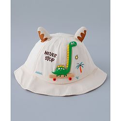 Babyhug Cotton Bucket Hat with Dinosaur Applique Cream - Diameter 16 cm