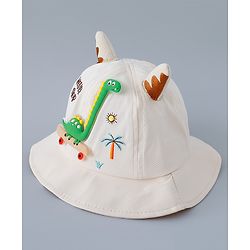 Babyhug Cotton Bucket Hat with Dinosaur Applique Cream - Diameter 16 cm