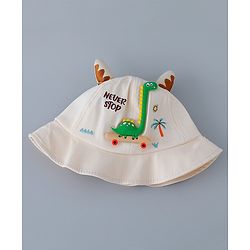 Babyhug Cotton Bucket Hat with Dinosaur Applique Cream - Diameter 16 cm
